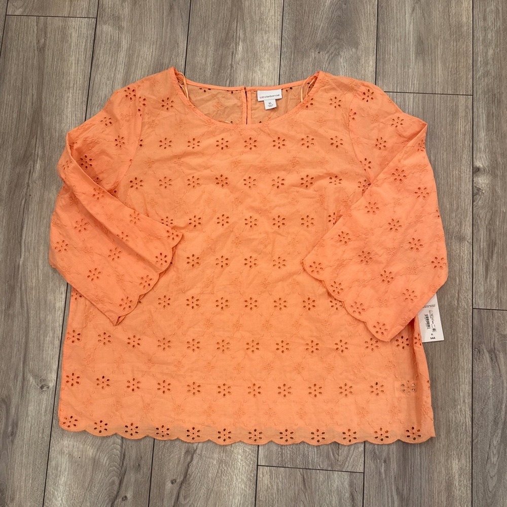 Liz Claiborne Women‎ XL Orange Eyelet Bell Sleeve Top Blouse NWT